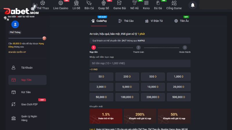 Nạp Tiền Dabet - Hướng Dẫn Cách Gửi Tiền Nhanh Chóng 3 Hướng dẫn nạp tiền Dabet qua CODEPAY