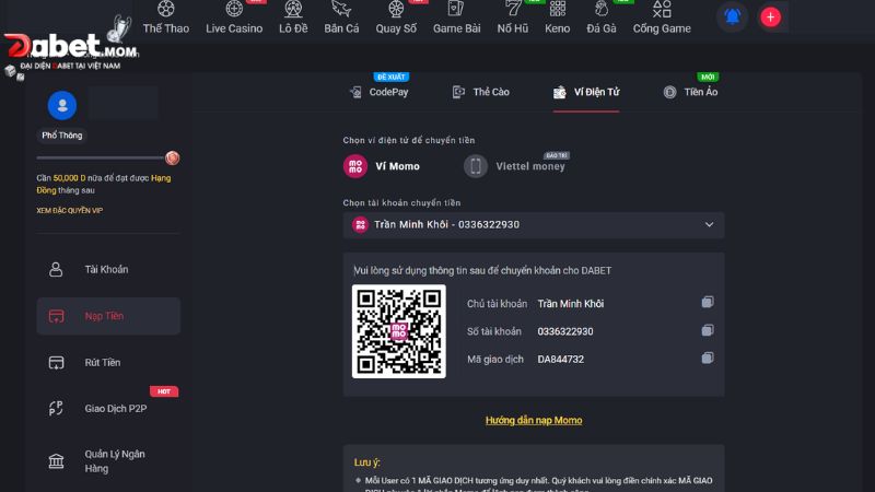Nạp Tiền Dabet - Hướng Dẫn Cách Gửi Tiền Nhanh Chóng 2 Hướng dẫn nạp tiền Dabet qua ví MOMO